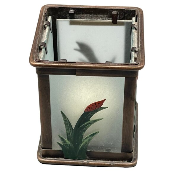 bronze metal and frosted glass candle holder metal plants on each side 4" READ - Picture 1 of 6